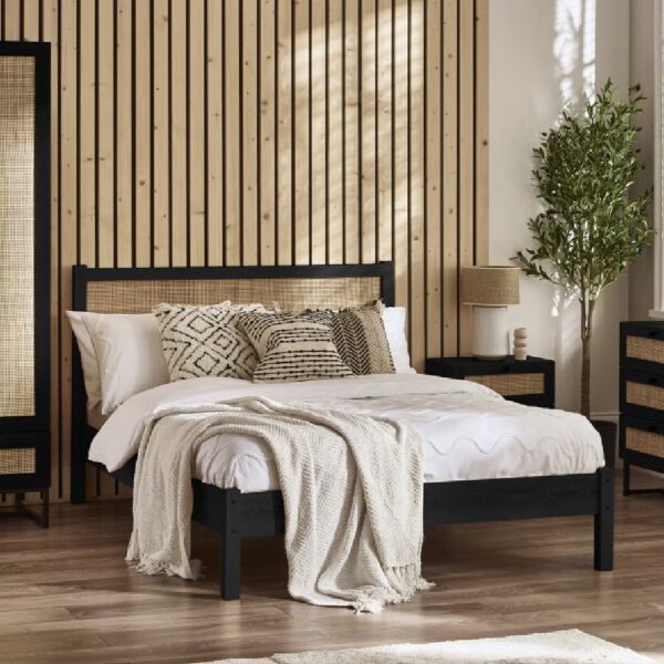 Pabla Wooden Double Bed With Rattan Headboard In Black