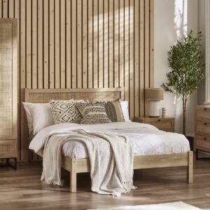 Pabla Wooden King Size Bed With Rattan Headboard In Oak