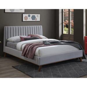 Adica Velvet Fabric King Size Bed In Light Grey