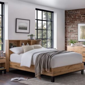 Baara Wooden Double Bed With Bookcase Headboard In Oak