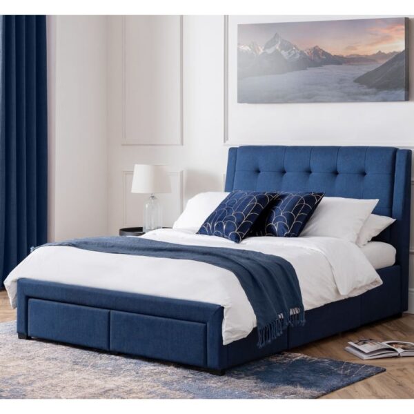 Fauna Fabric King Size Bed With 4 Drawers In Blue