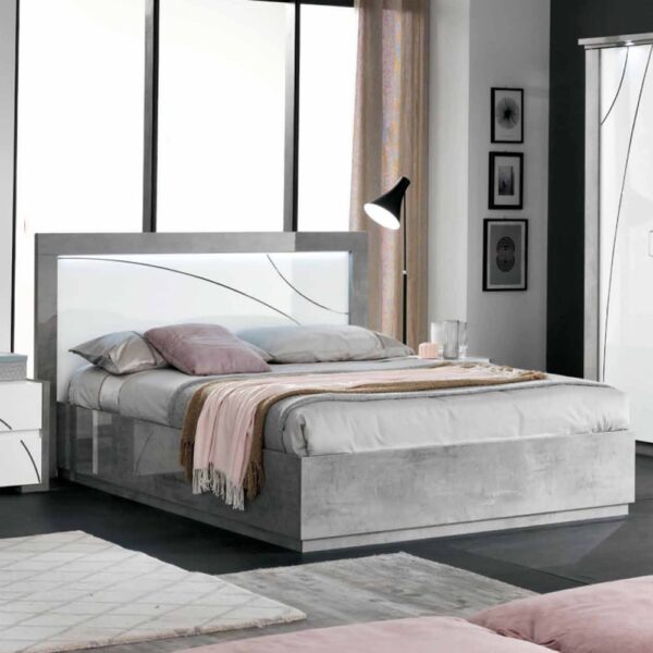 Namilon LED Wooden Double Bed In White And Grey Marble Effect